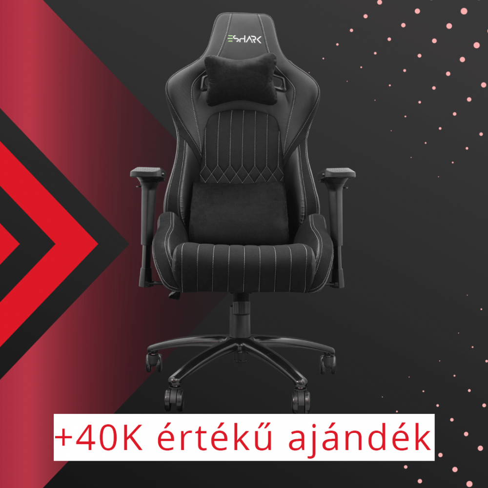 eShark Takamikura eSport gamer szék, fekete, kényelmes hosszú órák után is, ergonomikus, állítható magasság